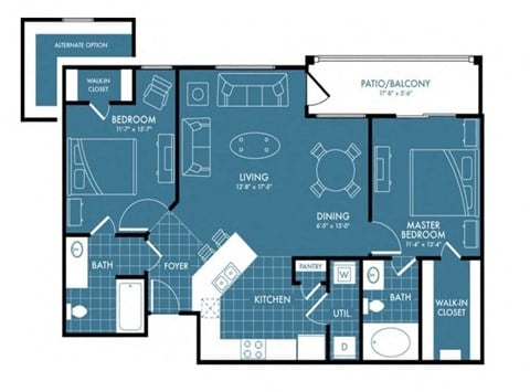 Floor plan for 2 beds, 2 baths, 1046 sqft